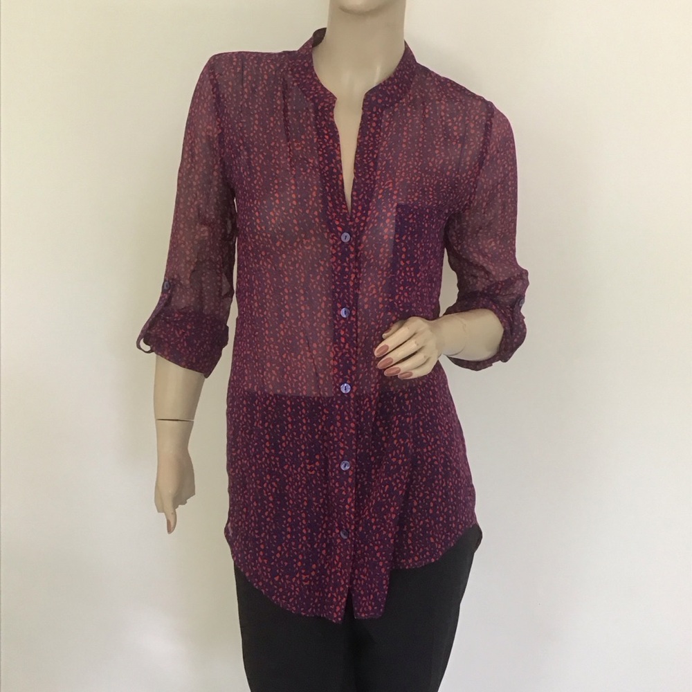 Diane Von Furstenburg Red Purple Print Gilmore‎ Sheer Silk Button Down Shirt 0